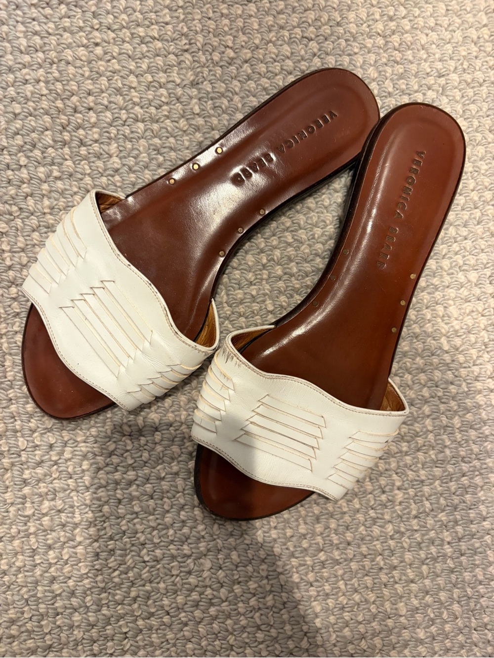 Veronica Beard Cream Leather Slide Mules with Brown Footbed